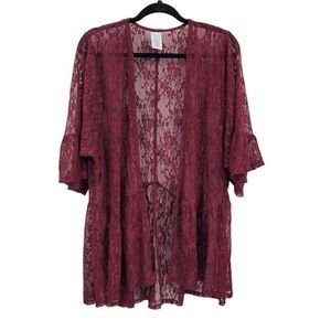 Whimsigoth ‎ Lace Cardigan Maroon Wine L-XL Peplum Ruffle Bell Fairy Grunge